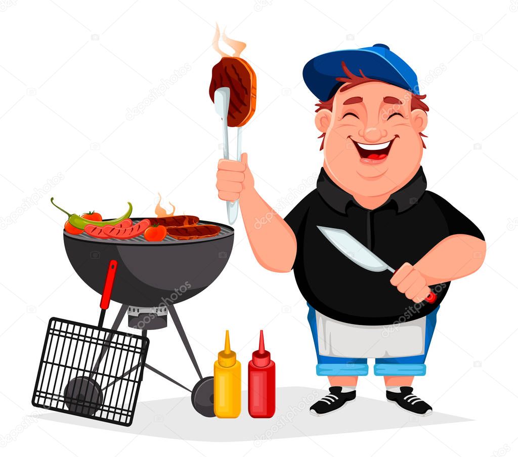 BBQ. Young cheerful man cooks grilled food