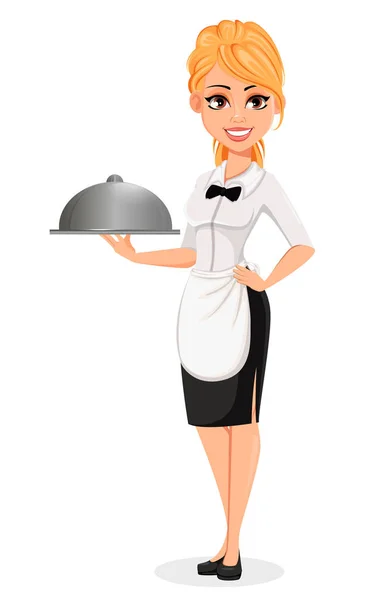 Happy blonde waitress holds domed tray — Stock Vector