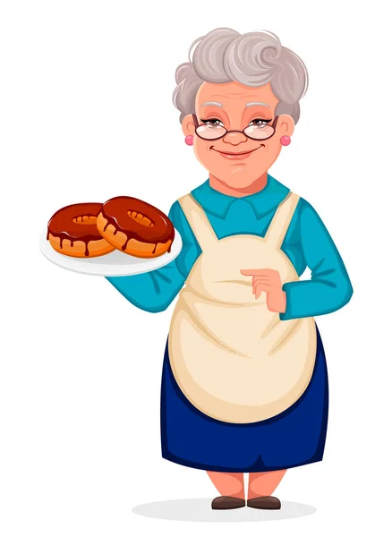 Grootmoeder houdt bord met croissants — Stockvector