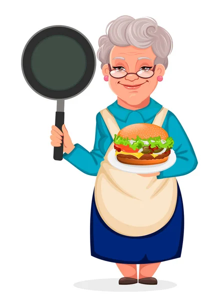 祖母拿着煎锅和奶酪汉堡 — 图库矢量图片