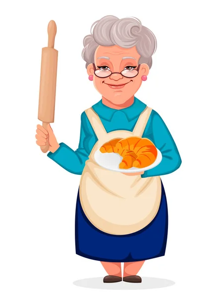 Old cute woman grandmother holds rolling pin — Stock Vector