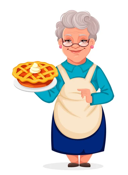 Abuela sosteniendo un delicioso pastel de calabaza — Archivo Imágenes Vectoriales