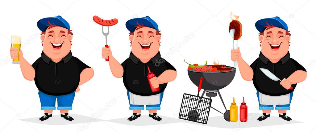 BBQ party. Young cheerful man cooks grilled food