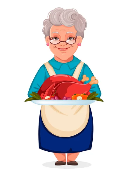 Cute grandmother holding plate with cooked turkey — Stock Vector