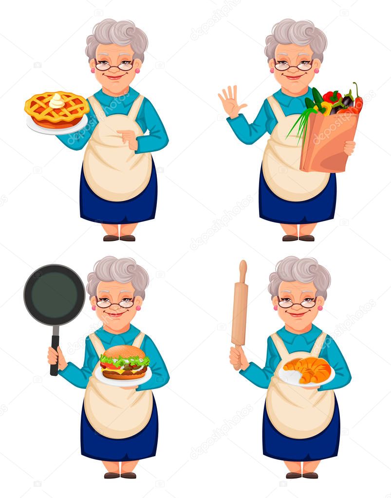 Old cute woman grandmother, set of four poses
