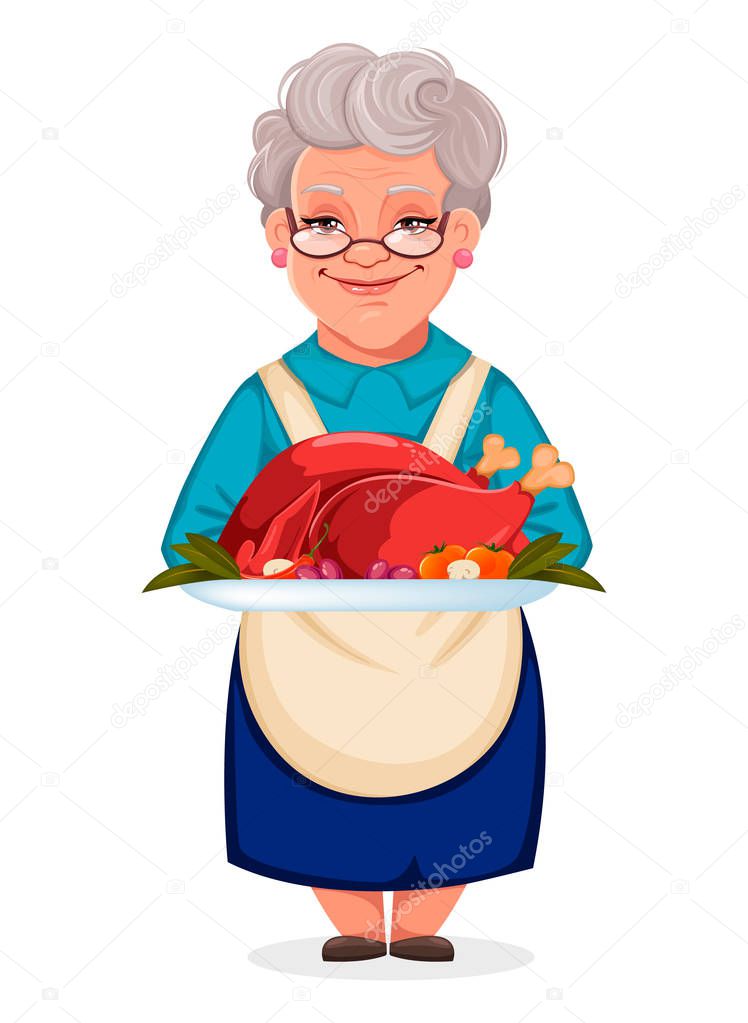 Cute grandmother holding plate with cooked turkey
