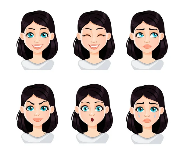 Expresiones faciales de mujer con cabello oscuro — Vector de stock