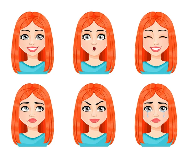 Expressions faciales de belle rousse femme — Image vectorielle