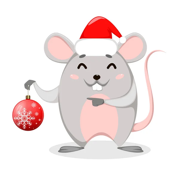 Divertida rata de dibujos animados sostiene la bola del árbol de Navidad — Vector de stock