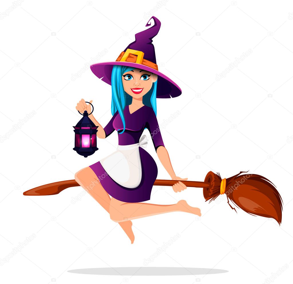 Beautiful lady witch flies on broomstick