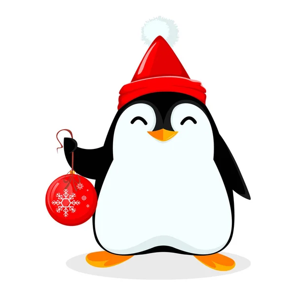 Niedlicher kleiner Pinguin hält rote Christbaumkugel — Stockvektor