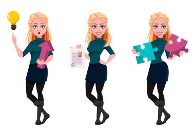 Üç pozdan oluşan genç ve güzel bir iş kadını.