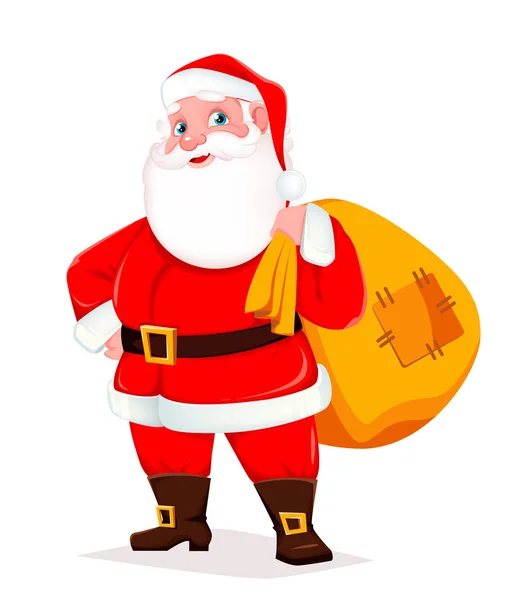 Süßer Weihnachtsmann hält großen Sack mit Geschenken — Stockvektor