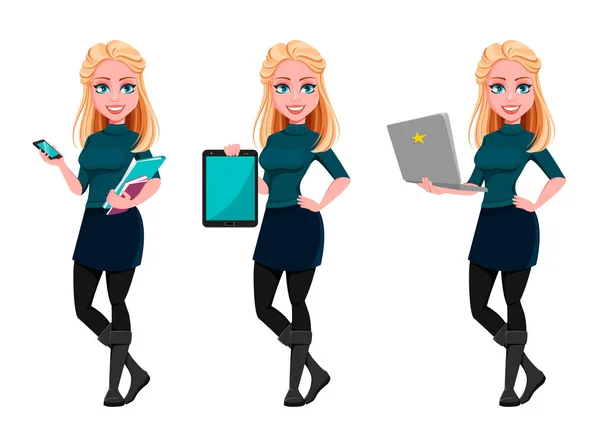 Joven mujer de negocios hermosa, conjunto de tres poses — Vector de stock