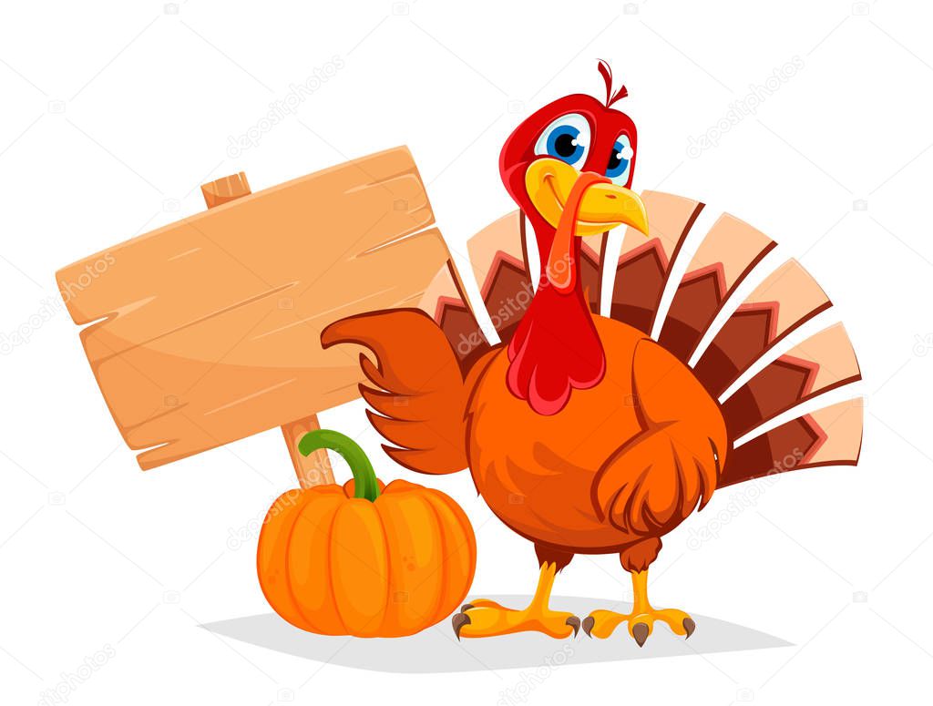 Thanksgiving turkey pointing on wooden blank sign