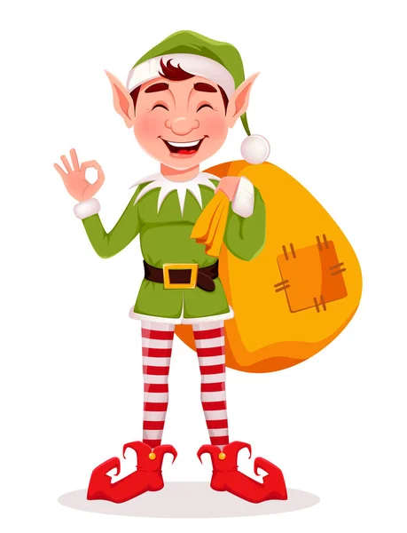 Feliz Navidad tarjeta de felicitación con divertido elfo — Vector de stock