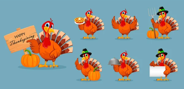 Pavo de Acción de Gracias, conjunto de siete poses — Vector de stock