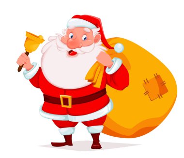 Noel Baba hediyelerle zili ve çuvalı tutuyor