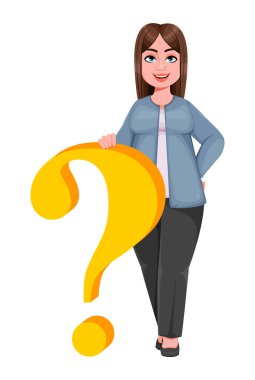 Happy Large iş kadını, büyük soru işaretinin yanında duran iri cüsseli kadın. Neşeli tombul iş kadını çizgi film karakteri. Vektör illüstrasyonu