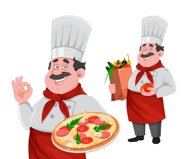 ハンサムなシェフの漫画のキャラクター 2つのポーズのセット プロの制服保持ピザで陽気料理や野菜と紙袋を保持します ベクターイラスト — ストックベクタ