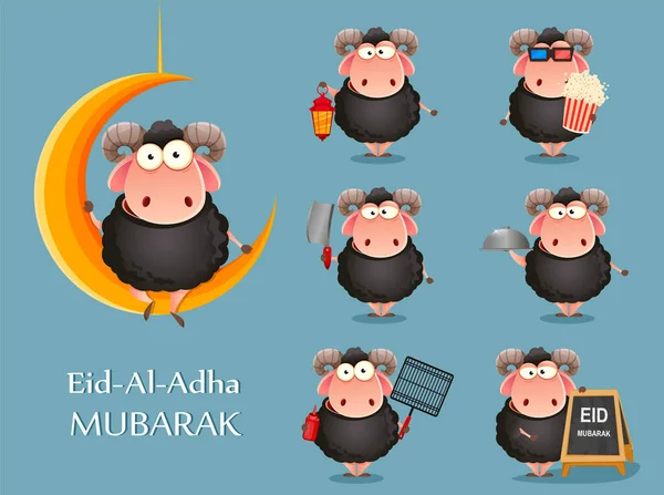 Eid Adha Mubarak Festa Tradizionale Musulmana Kurban Bayrami Divertente Ariete — Vettoriale Stock