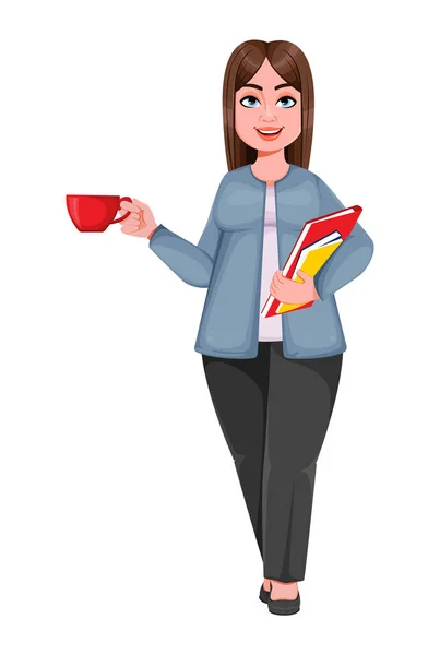 幸せな大企業の女性は プラスサイズのコーヒーや文書を保持する女性 陽気なぽっちゃり実業家の漫画のキャラクター ベクターイラスト — ストックベクタ