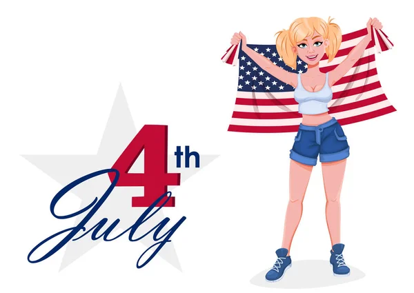 Července Den Nezávislosti Usa Pozdrav Veselou Dívkou Vlajkou Spojených Států — Stockový vektor