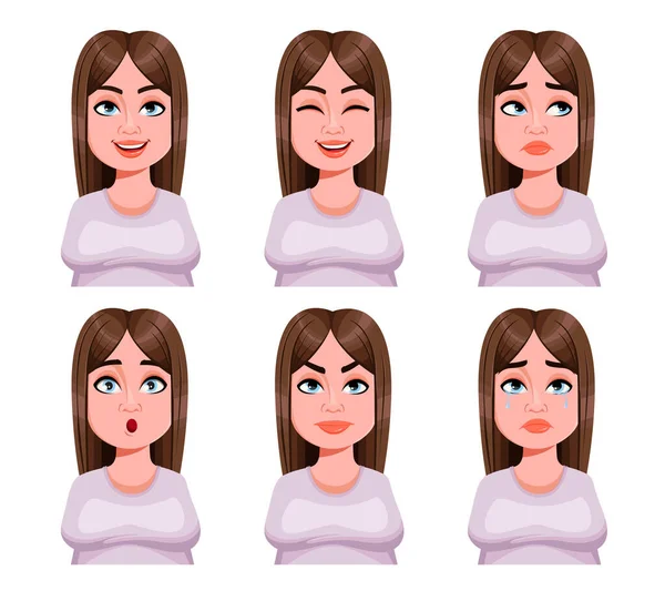 Expresiones Faciales Mujer Linda Más Tamaño Diferentes Emociones Femeninas Hermoso — Archivo Imágenes Vectoriales