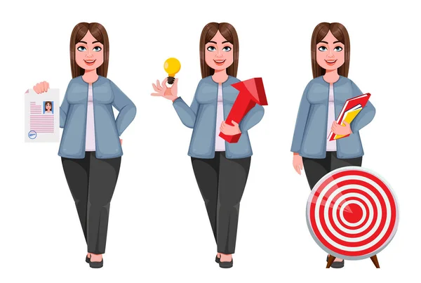 Mujer Negocios Grande Feliz Mujer Más Tamaño Conjunto Tres Poses — Vector de stock