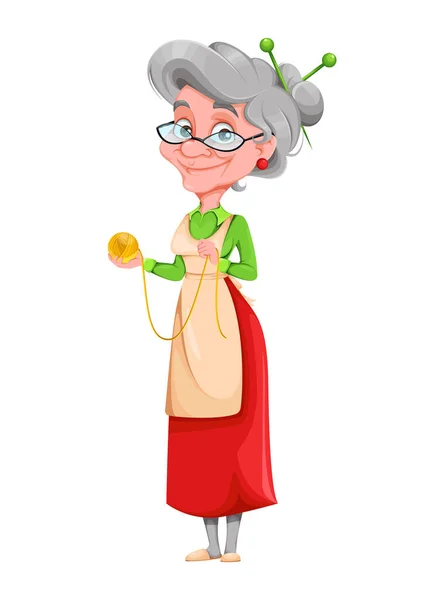 かわいい笑顔の老婦人は糸の玉を持っています 幸せな祖父母の日 陽気な祖母の漫画のキャラクター 白い背景のベクトルイラスト — ストックベクタ