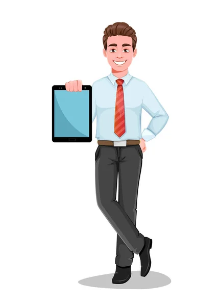 Erfolgreicher Geschäftsmann Mit Modernem Tablet Schöner Geschäftsmann Businesskleidung Fröhliche Zeichentrickfigur — Stockvektor