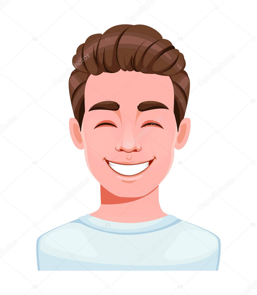 Face expression of handsome young man, laughing. Male emotion. Avatar. Cartoon character. Vector illustration isolated on white background.