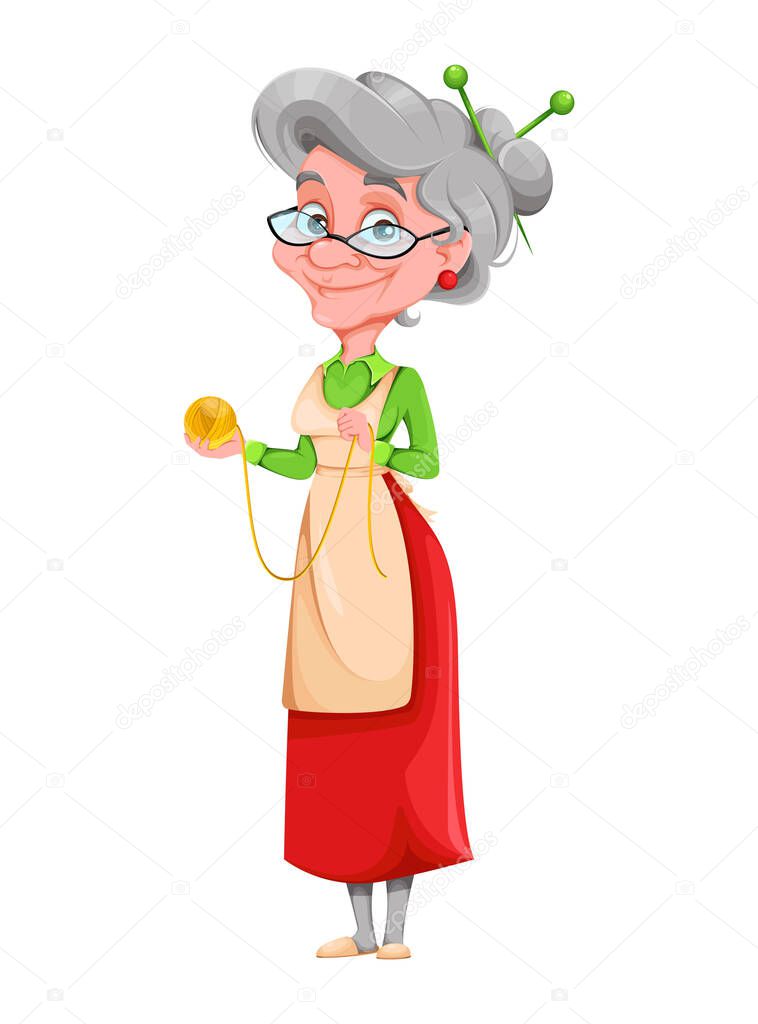 Cute smiling old woman holds a ball of yarn. Happy Grandparents day. Cheerful grandmother cartoon character. Vector illustration on white background