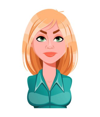 Kızgın, güzel bir kadının yüz ifadesi. Kadınsal duygular. Tatlı kadın çizgi film karakteri. Vektör illüstrasyonu beyaz arkaplanda izole edildi.