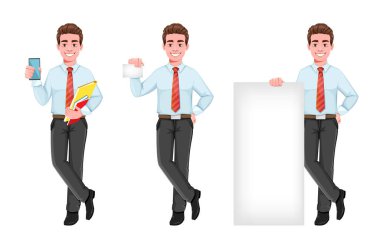 Başarılı bir iş adamı, üç pozu var. İş kıyafetleri içinde yakışıklı bir iş adamı. Neşeli çizgi film karakteri. Vektör illüstrasyonu