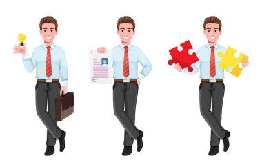 Başarılı bir iş adamı, üç pozu var. İş kıyafetleri içinde yakışıklı bir iş adamı. Neşeli çizgi film karakteri. Beyaz arkaplanda vektör illüstrasyonu