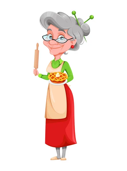 可愛い笑顔の老婆は甘いパイを持っています 幸せな祖父母の日 陽気な祖母の漫画のキャラクター 白い背景のベクトルイラスト — ストックベクタ