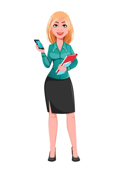 若い成功したビジネス女性は スマートフォンを保持 ブロンドの実業家の漫画のキャラクター 白い背景のベクトルイラスト — ストックベクタ