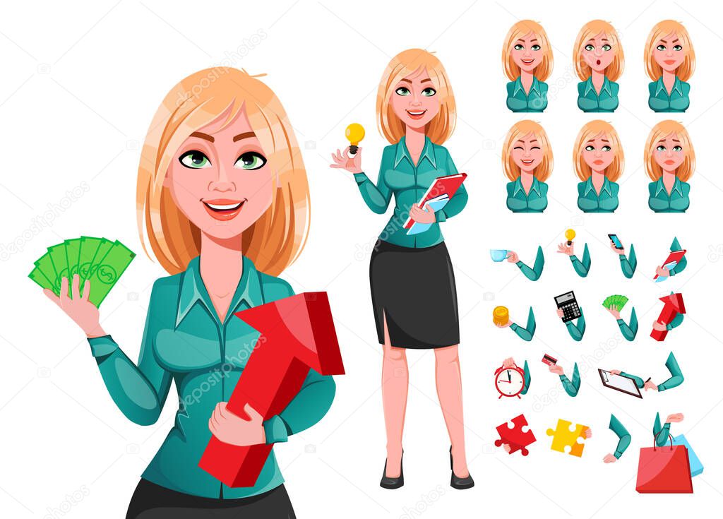 Young successful business woman, pack of body parts, emotions and things. Beautiful blond businesswoman cartoon character. Vector illustration 