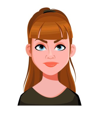 Kızgın, sevimli bir kadının yüz ifadesi. Kadınsal duygular. Sevimli çizgi film karakteri. Vektör illüstrasyonu beyaz arkaplanda izole edildi.