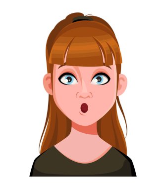 Şirin bir kadının yüz ifadesi, şaşırmış. Kadınsal duygular. Sevimli çizgi film karakteri. Vektör illüstrasyonu beyaz arkaplanda izole edildi.