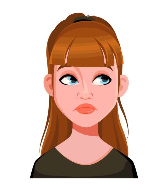 Güzel bir kadının yüz ifadesi, hayal kırıklığına uğramış. Kadınsal duygular. Sevimli çizgi film karakteri. Vektör illüstrasyonu beyaz arkaplanda izole edildi.