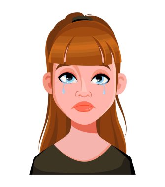 Ağlayan güzel bir kadının yüz ifadesi. Kadınsal duygular. Sevimli çizgi film karakteri. Vektör illüstrasyonu beyaz arkaplanda izole edildi.