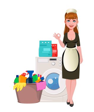 Hizmetçi, temizlikçi, gülümseyen temizlikçi kadın çamaşır makinesinin yanında duruyor. Neşeli hizmetçi çizgi film karakteri. Vektör illüstrasyonu