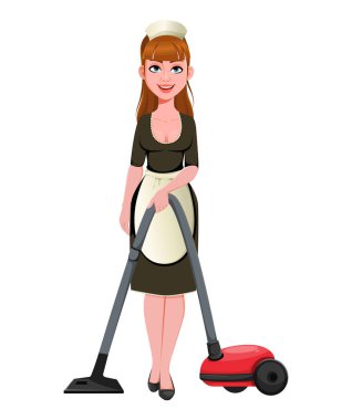 Hizmetçi, temizlikçi, gülümseyen temizlikçi kadın süpürgeleri. Neşeli hizmetçi çizgi film karakteri. Vektör illüstrasyonu
