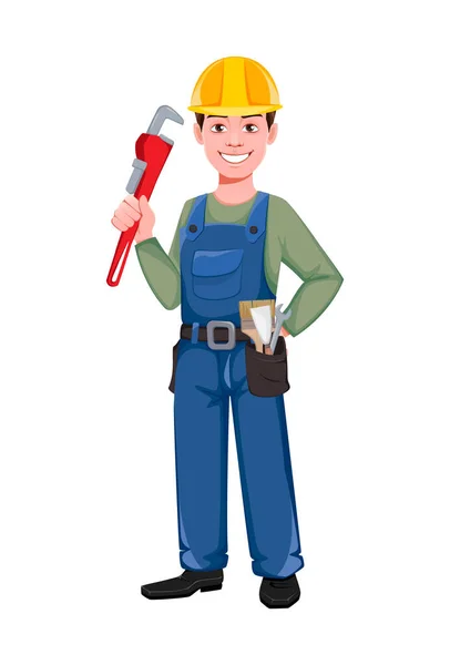 Construtor Personagem Desenho Animado Segurando Chave Jovem Trabalhador Construção Chapéu —  Vetores de Stock