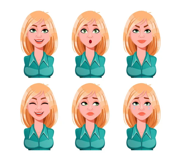 Face Expressions Woman Blonde Hair Different Female Emotions Set Beautiful — Stock Vector
