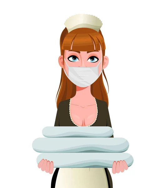 メイド 掃除婦 新鮮なリネンを保持保護マスクで女性を掃除します 陽気なメイド漫画のキャラクター ベクターイラスト — ストックベクタ