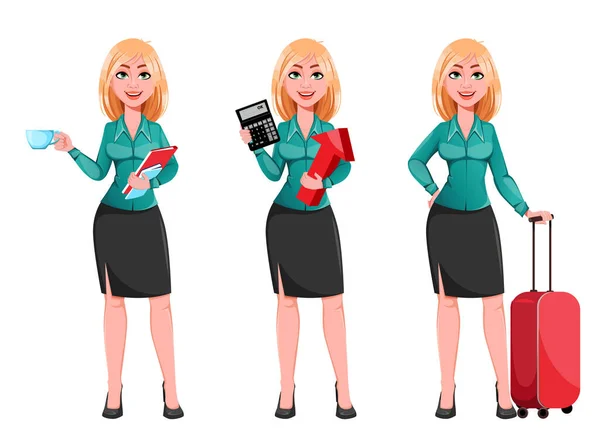 Joven Mujer Negocios Exitosa Conjunto Tres Poses Personaje Dibujos Animados — Vector de stock