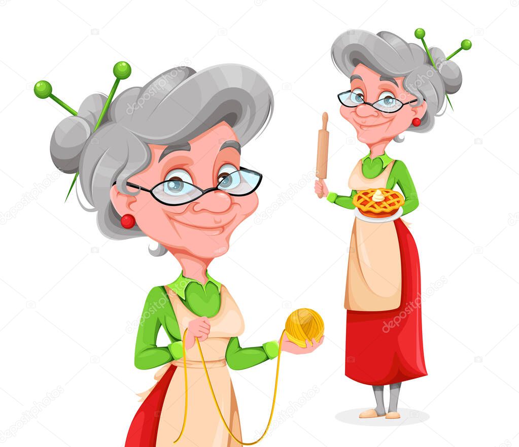 Cute smiling old woman, set of two poses. Happy Grandparents day. Cheerful grandmother cartoon character. Vector illustration on white background